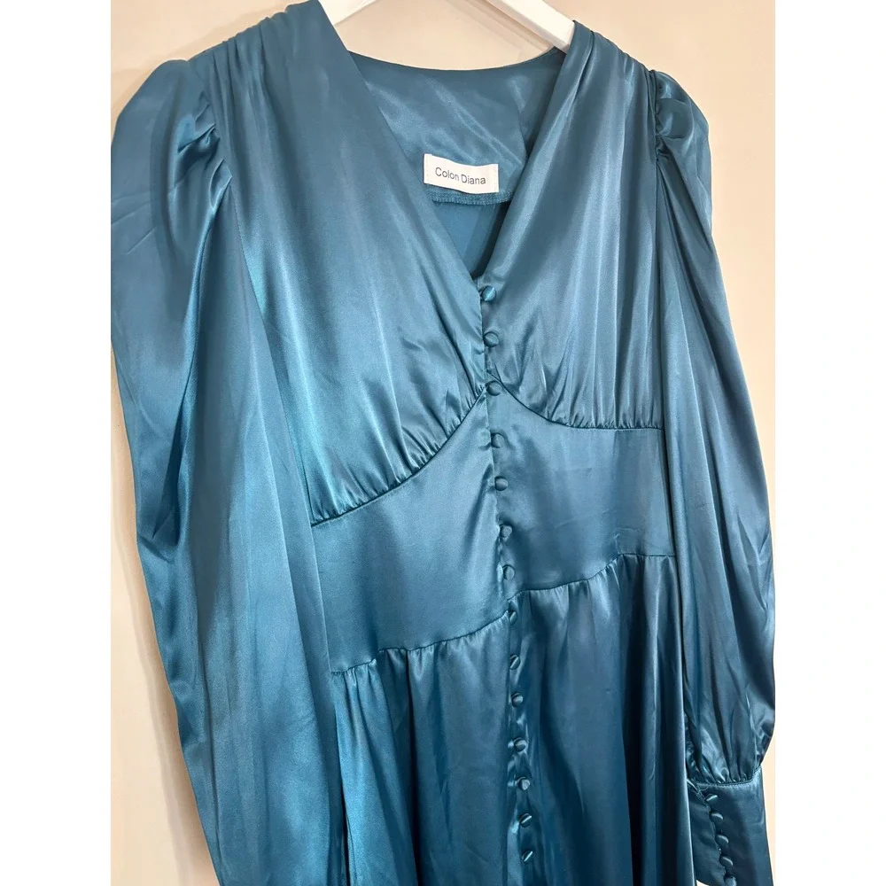 Colon Diana Teal Satin Bishop Sleeve Button Front Midi Dress Womens - Picture 8 of 16